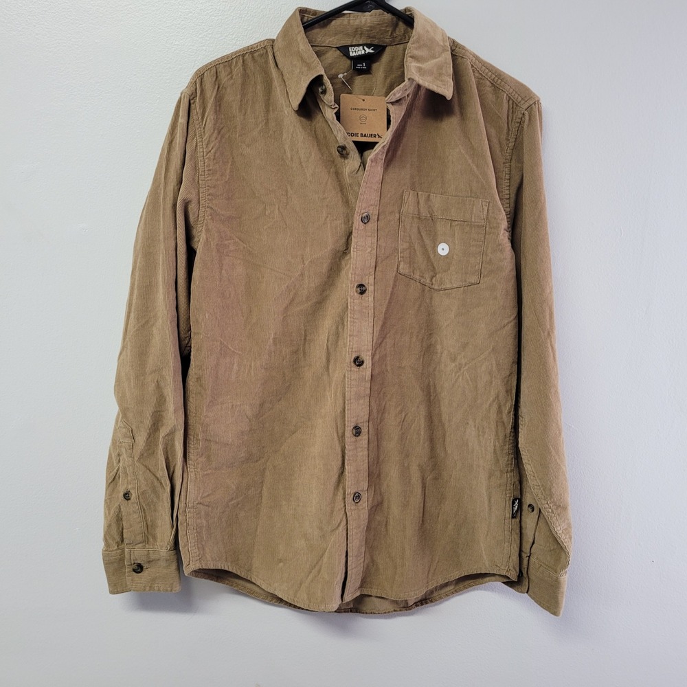 Eddie Bauer Mens Ultrasoft Corduroy Button Down Shirt Dark Khaki Tan‎ Small NWT